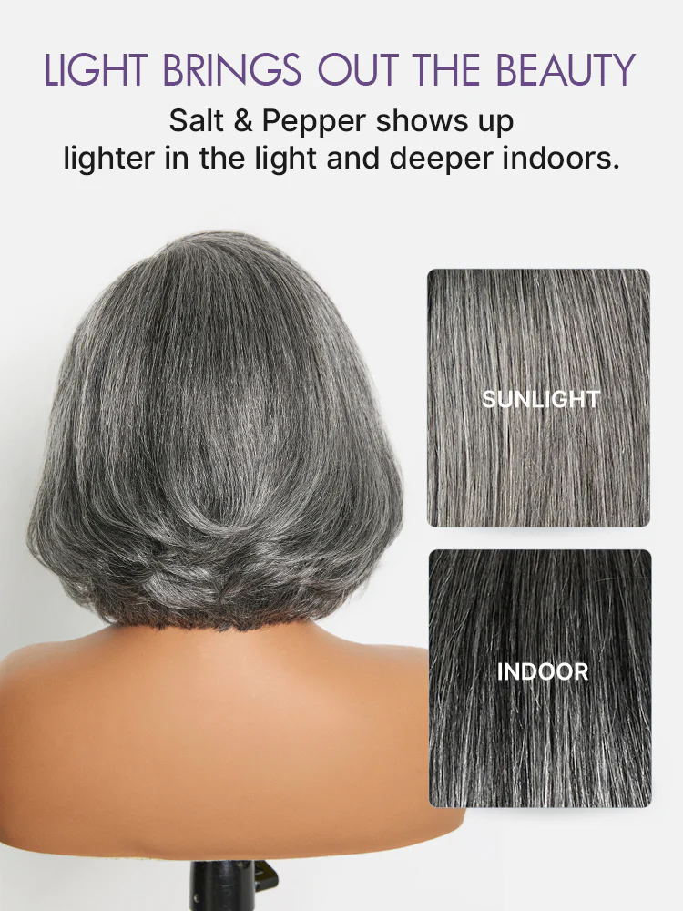 Boss Vibe Salt & Pepper Layered Bob Glueless Pre-Cut Minimalist HD Lace Grey Wig - Image 9