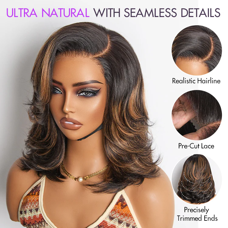 Brown Highlight Layered Wavy Butterfly Haircut Glueless Minimalist HD Lace Wig Pre-Cut Lace - Image 3