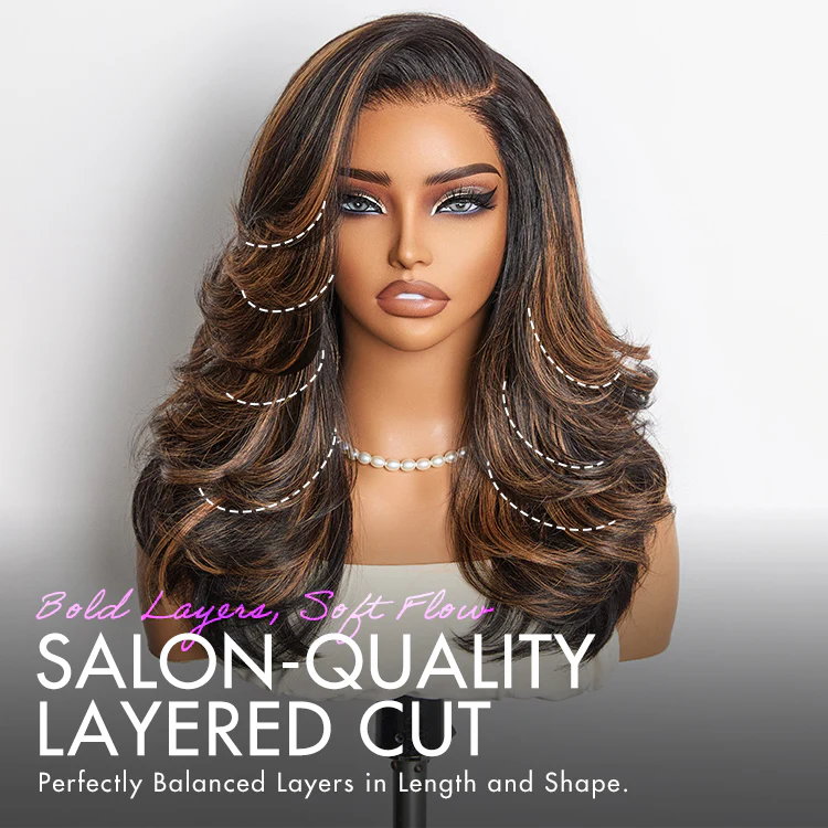 Brown Highlight Layered Wavy Butterfly Haircut Glueless Minimalist HD Lace Wig Pre-Cut Lace - Image 8