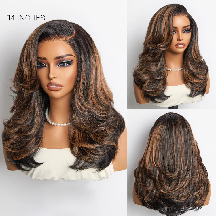 Brown Highlight Layered Wavy Butterfly Haircut Glueless Minimalist HD Lace Wig Pre-Cut Lace - Image 9