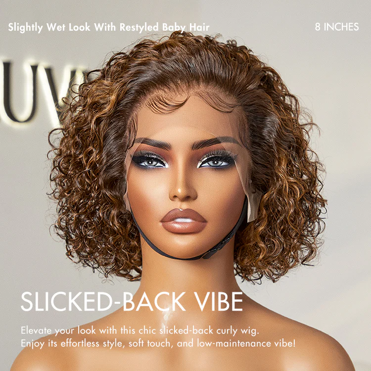 Brown Highlight / Jet Black Short Cut Slicked Back Curly Ear-to-ear Wide T Lace Wig - Image 3