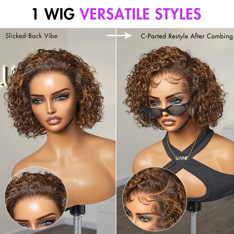 Brown Highlight / Jet Black Short Cut Slicked Back Curly Ear-to-ear Wide T Lace Wig - Image 4