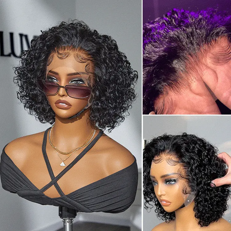 Brown Highlight / Jet Black Short Cut Slicked Back Curly Ear-to-ear Wide T Lace Wig - Image 6