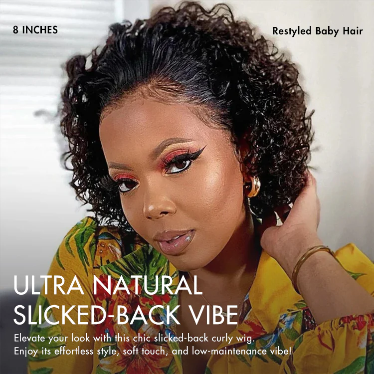 Brown Highlight / Jet Black Short Cut Slicked Back Curly Ear-to-ear Wide T Lace Wig - Image 7