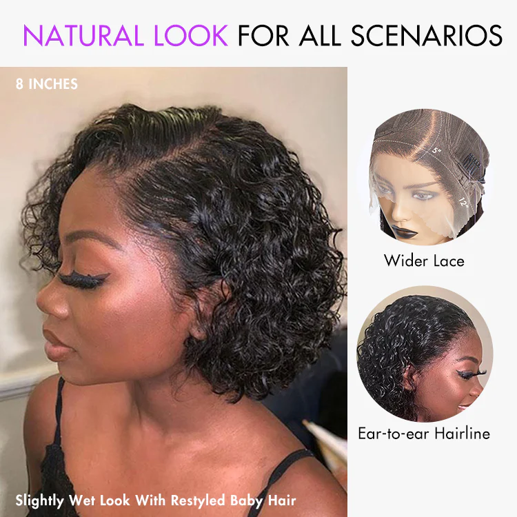 Brown Highlight / Jet Black Short Cut Slicked Back Curly Ear-to-ear Wide T Lace Wig - Image 8