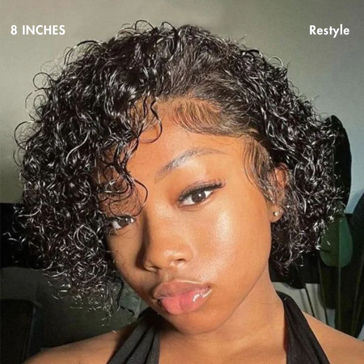 Brown Highlight / Jet Black Short Cut Slicked Back Curly Ear-to-ear Wide T Lace Wig - Image 9