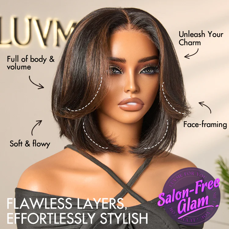 Brown Highlight Silky Short Bob Wig Layered Cut Human Hair Glueless 5x5 Closure Pre-Cut Lace Wig - Image 5