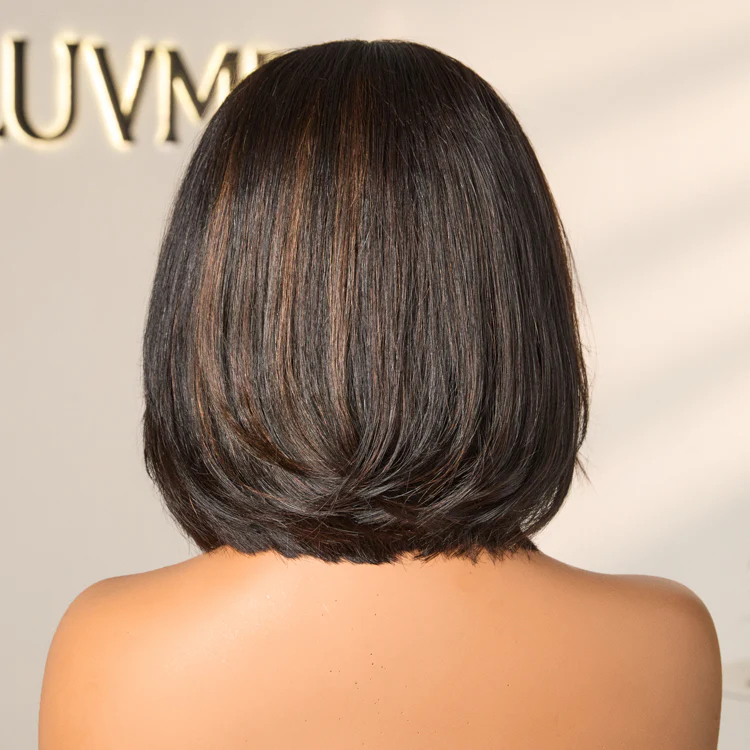 Brown Highlight Silky Short Bob Wig Layered Cut Human Hair Glueless 5x5 Closure Pre-Cut Lace Wig - Image 8