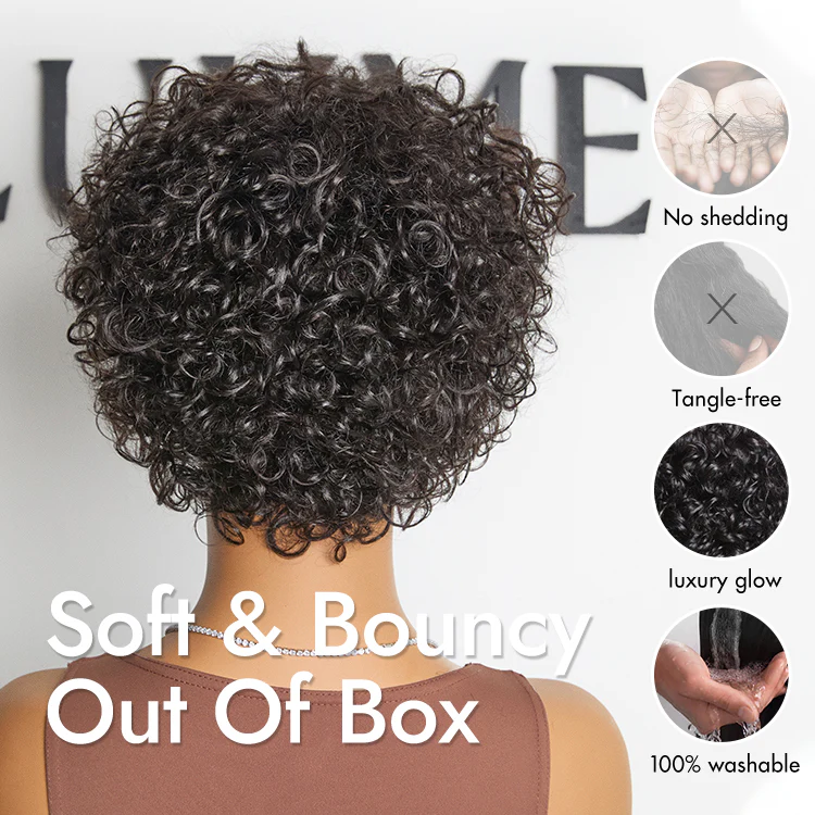 Throw On & Go Brown Highlight / Natural Black Short Bouncy Curls with Bangs Glueless Wig 100% Human Hair - US Only - Image 11