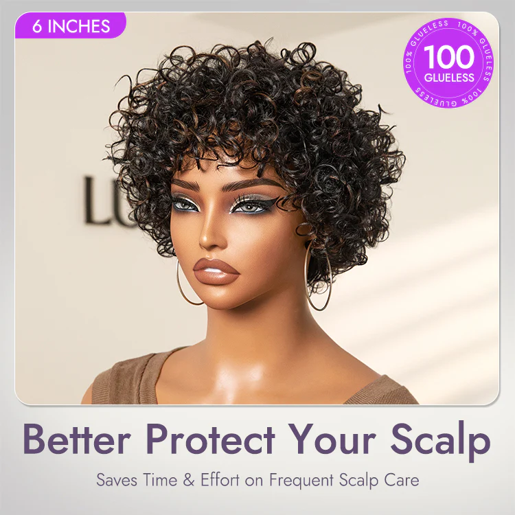 Throw On & Go Brown Highlight / Natural Black Short Bouncy Curls with Bangs Glueless Wig 100% Human Hair - US Only - Image 3