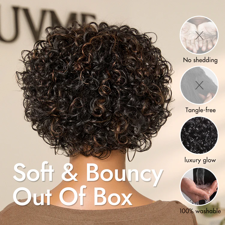 Throw On & Go Brown Highlight / Natural Black Short Bouncy Curls with Bangs Glueless Wig 100% Human Hair - US Only - Image 4