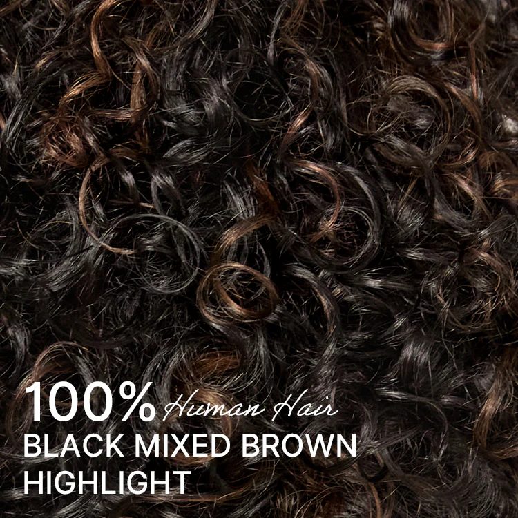 Throw On & Go Brown Highlight / Natural Black Short Bouncy Curls with Bangs Glueless Wig 100% Human Hair - US Only - Image 5
