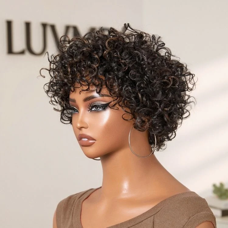 Throw On & Go Brown Highlight / Natural Black Short Bouncy Curls with Bangs Glueless Wig 100% Human Hair - US Only - Image 8