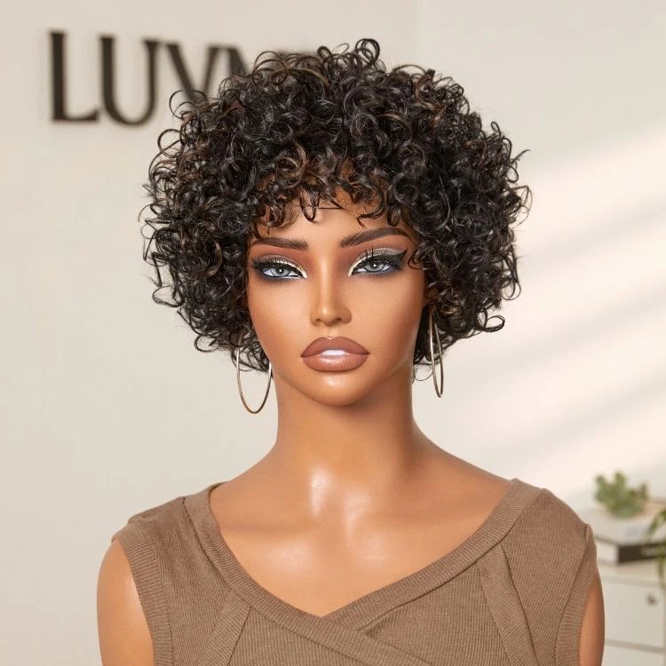 Throw On & Go Brown Highlight / Natural Black Short Bouncy Curls with Bangs Glueless Wig 100% Human Hair - US Only - Image 9