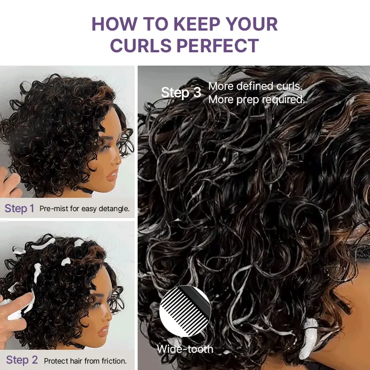 Brown Highlight Water Wave Pixie Cut Glueless Minimalist HD Lace Short Curly Wig - Image 6