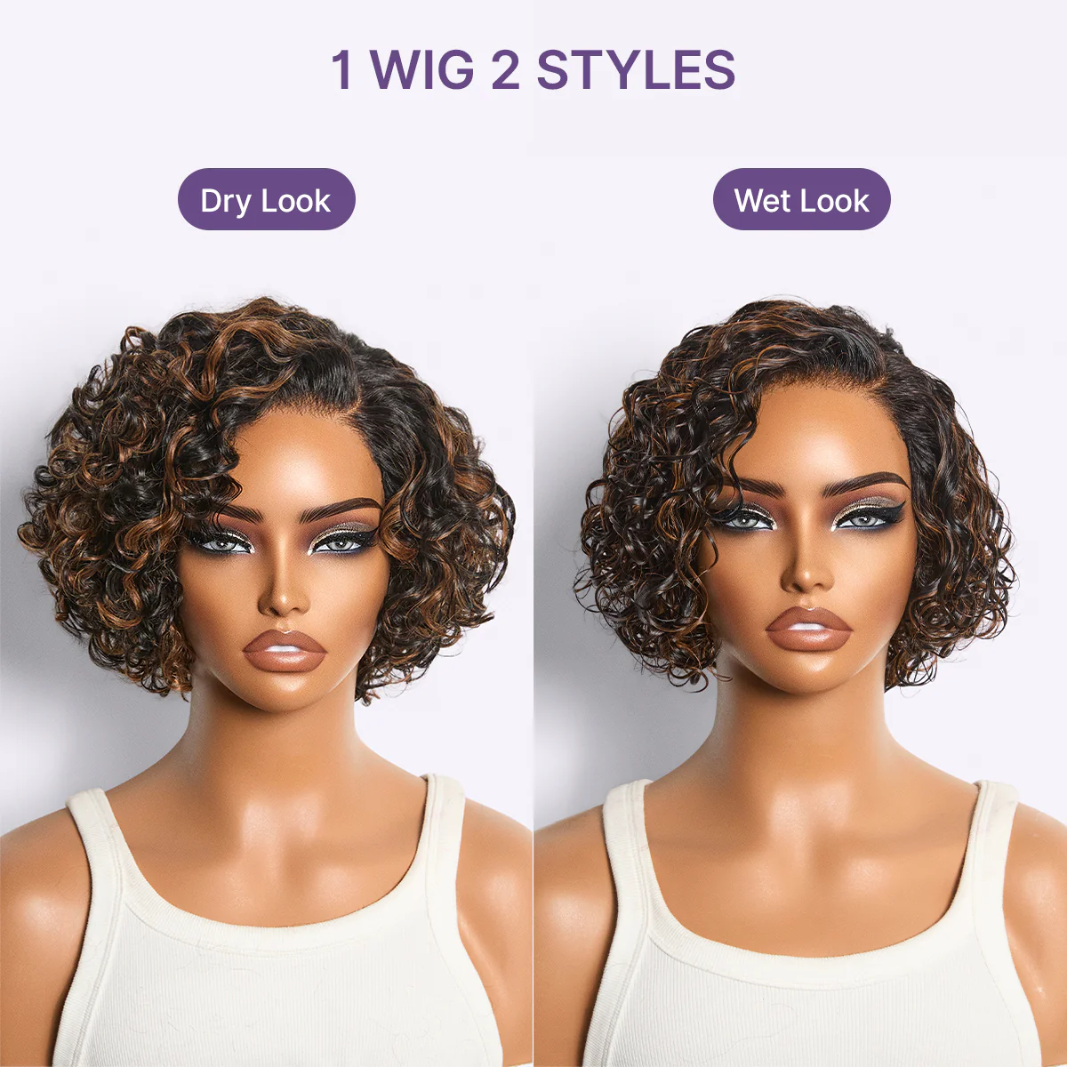 Brown Highlight Water Wave Pixie Cut Glueless Minimalist HD Lace Short Curly Wig - Image 7