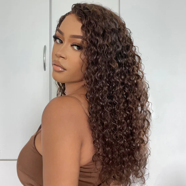 Brown Water Wave 5x5 Closure Lace Glueless Mid Part Long Wig 100% Human Hair - US Only