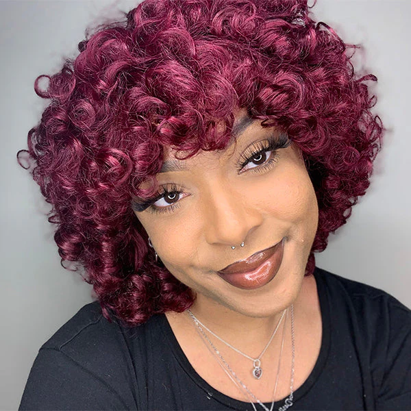 Burgundy Fluffy Rose Curl Short Wig With Bangs 100% Human Hair