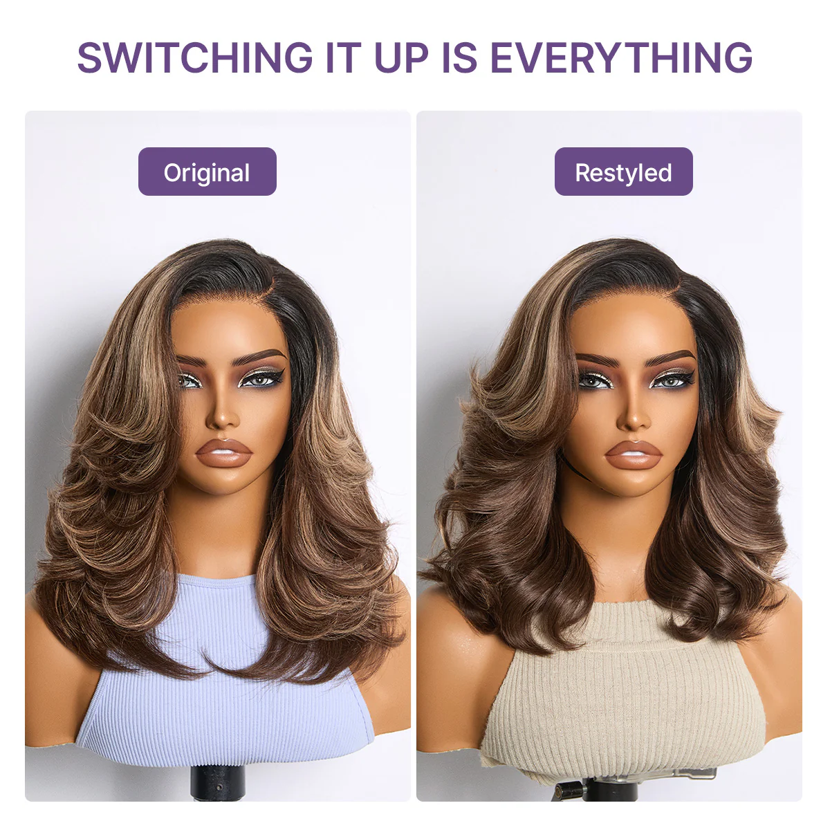 Caramel Brown Highlight Layered Haircut Wavy Glueless HD Minimalist Lace Wig Pre-Cut - Image 4