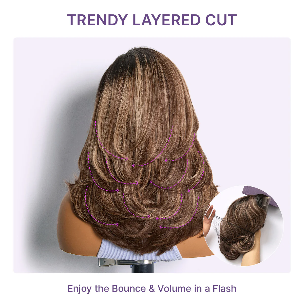 Caramel Brown Highlight Layered Haircut Wavy Glueless HD Minimalist Lace Wig Pre-Cut - Image 6