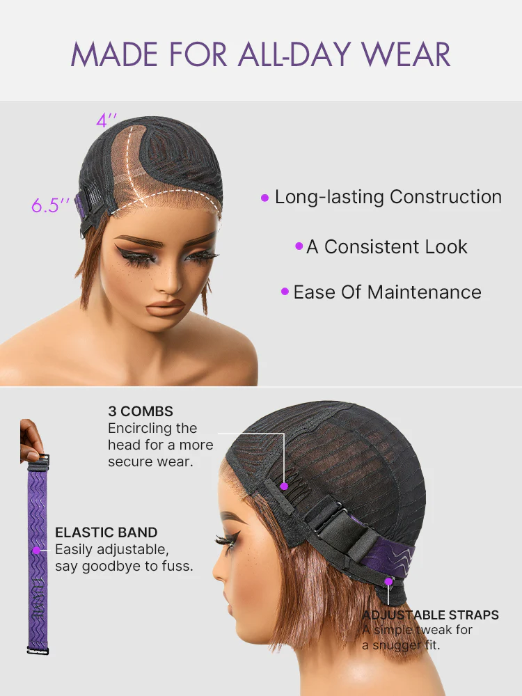Chestnut Brown Elegant Glueless Minimalist HD Lace Short Pixie Cut Wig with Bangs - Image 10