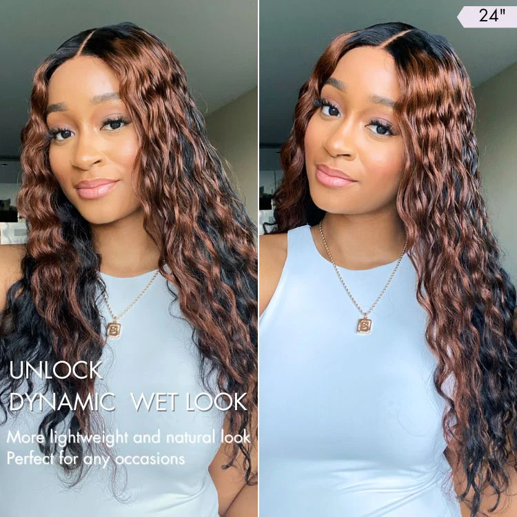 Classic and Chic Peekaboo Ombre Brown Water Wave Glueless 5x5 Closure Lace Curly Wig - US Only - Image 3