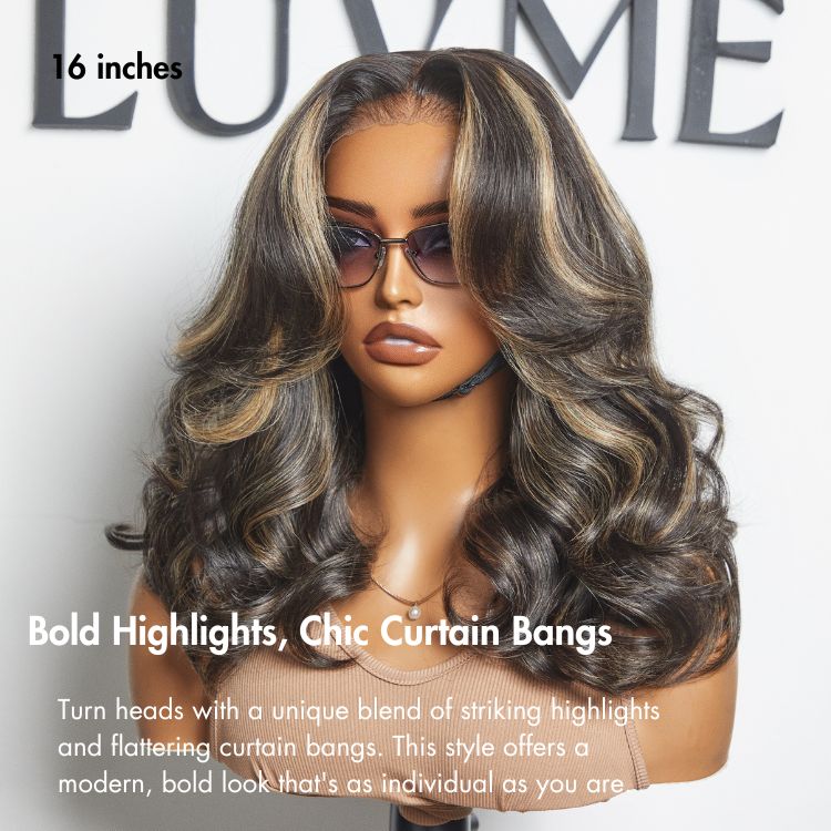 Curtain Bangs Blonde Highlight Loose Wave Glueless 5x5 Closure Pre-Cut Lace Wig All Head Sizes Fit Cap  - US Only - Image 3
