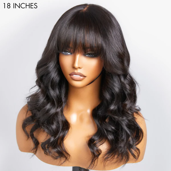 Breathable Cap Loose Wave 5x5 Closure Lace Glueless Human Hair Long Wig with Cute Bangs - US Only - Image 5