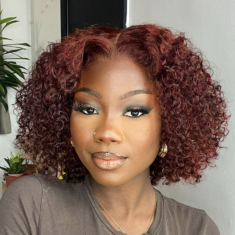 Dark Reddish Brown Water Wave Glueless 5x5 Closure Lace Short Curly Wig - US Only