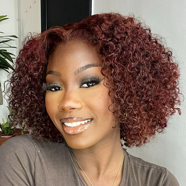 Dark Reddish Brown Water Wave Glueless 5x5 Closure Lace Short Curly Wig - US Only - Image 2