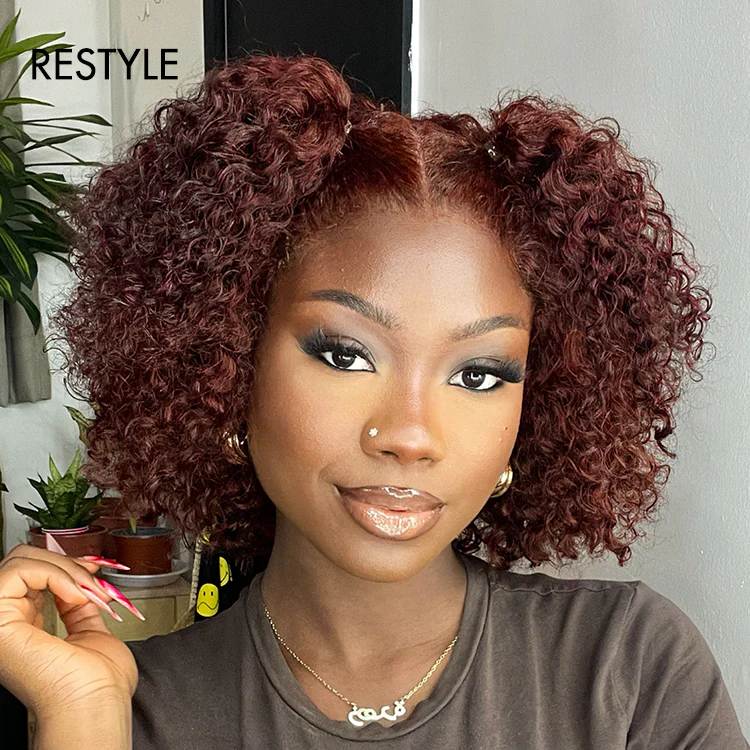 Dark Reddish Brown Water Wave Glueless 5x5 Closure Lace Short Curly Wig - US Only - Image 3