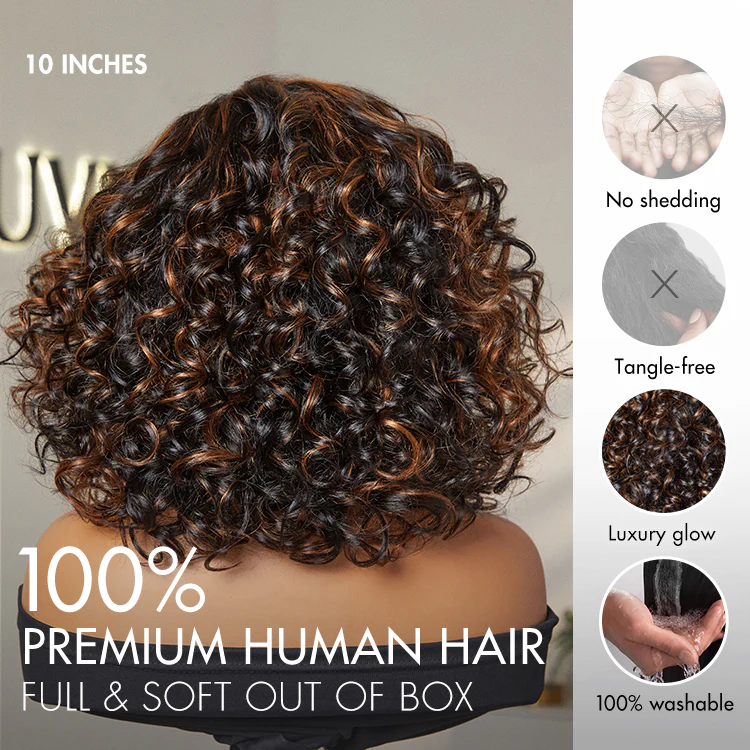Effortless Elegance Copper Highlight / Natural Black Bouncy Curl Wig Minimalist HD Lace Glueless Wig Pre-Cut Lace - Image 12