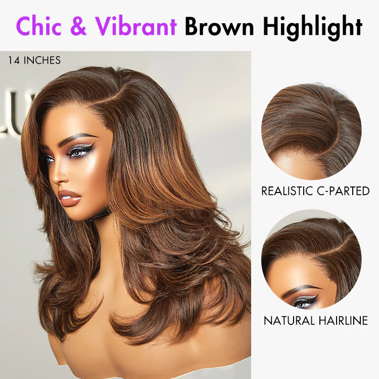 Effortlessly Chic Butterfly Haircut Pre-Layered Cut Brown Highlight Glueless Minimalist HD Lace Shoulder Length Wig - Image 4