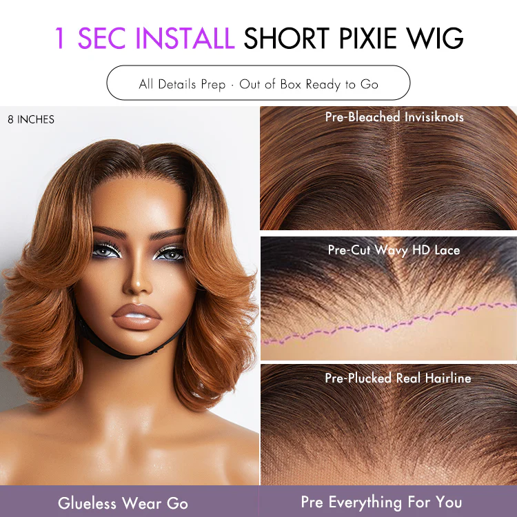 1 SEC INSTALL WIG | Elegant Boss Vibe Short Pixie Cut Natural Black / Ombre Brown Glueless Minimalist HD Lace Wig Pre Cut Lace - Image 11