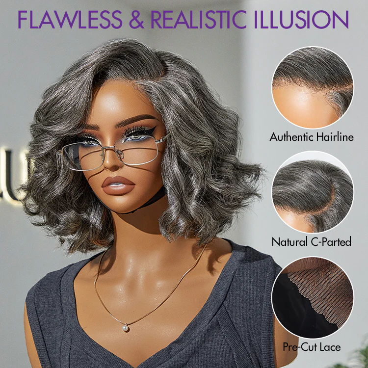 Elegant Salt & Pepper Grey Wig Loose Body Wave Glueless Minimalist Lace Short Wig Pre-Cut Lace - Image 4