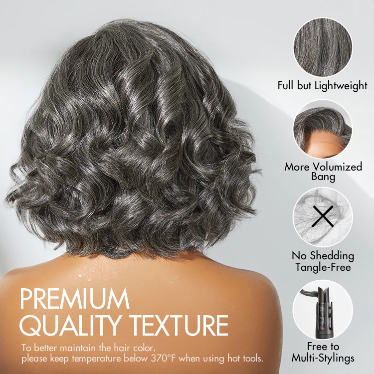 Elegant Salt & Pepper Grey Wig Loose Body Wave Glueless Minimalist Lace Short Wig Pre-Cut Lace - Image 5