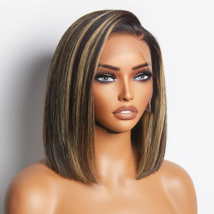 Exclusive Discount | Super Natural C Part Natural Black / Blonde Highlight Glueless Lace Bob Wig 100% Human Hair | Fits All Face Shapes - Image 13