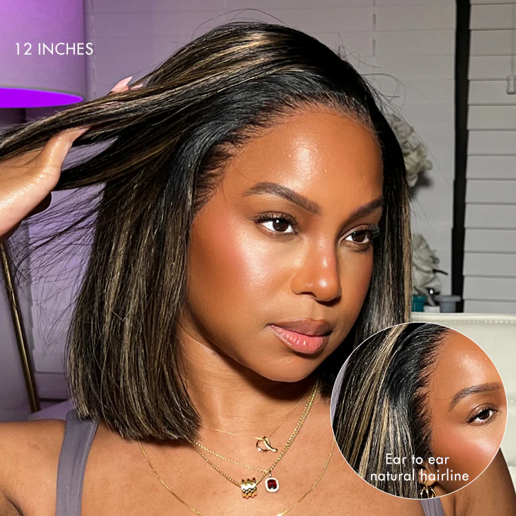 Exclusive Discount | Super Natural C Part Natural Black / Blonde Highlight Glueless Lace Bob Wig 100% Human Hair | Fits All Face Shapes - Image 8