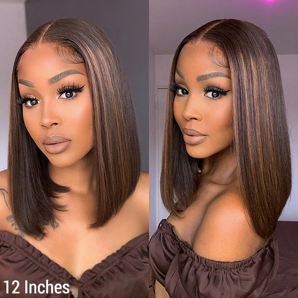 Limited Stocks | Glueless Chestnut Brown Highlights Straight 4x4 Closure Bob Wig - US Only - Image 3