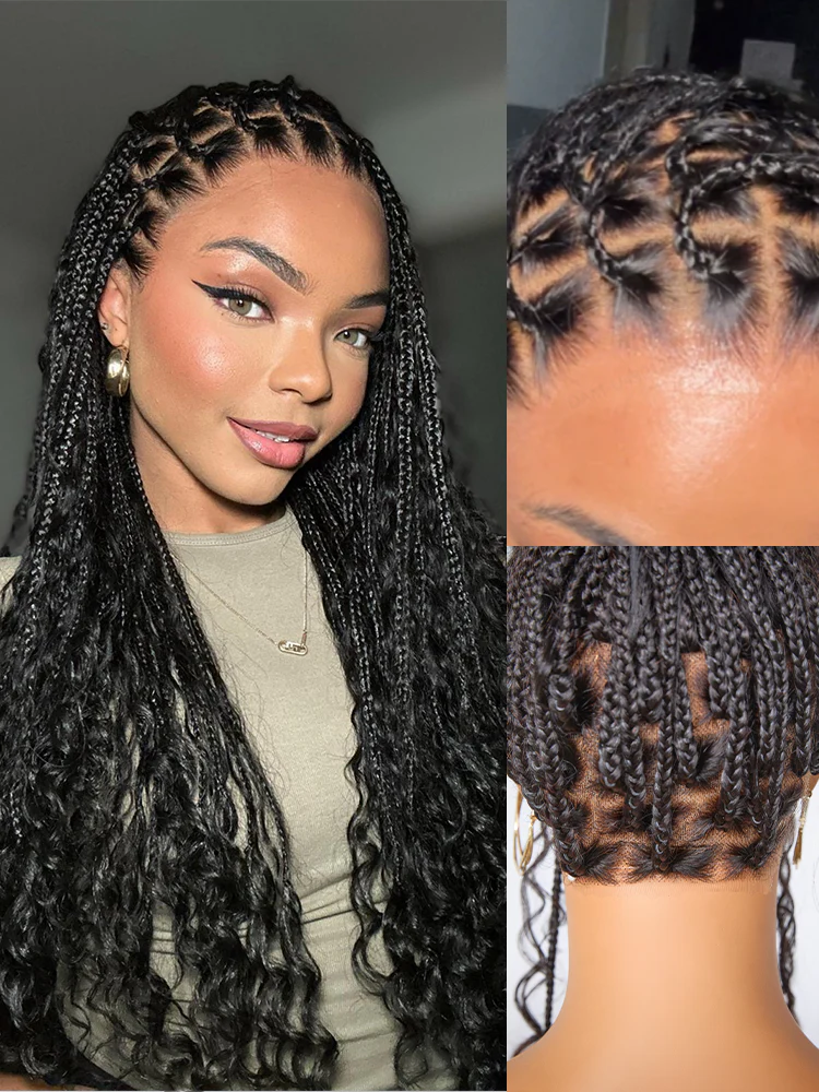 OwnScalp™ Light Weight Flexi-Fit Invisi Drawstring Cap Full Lace Knotless Boho Curls Braided Long Wig Super Natural Scalp