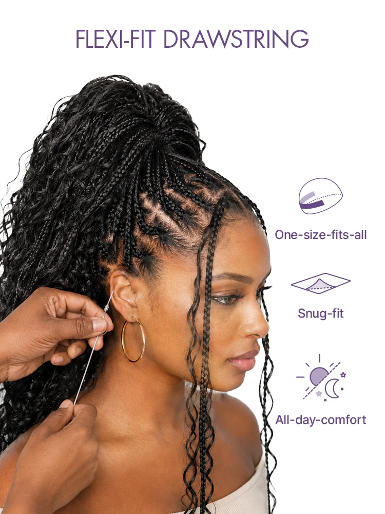 OwnScalp™ Light Weight Flexi-Fit Invisi Drawstring Cap Full Lace Knotless Boho Curls Braided Long Wig Super Natural Scalp - Image 11