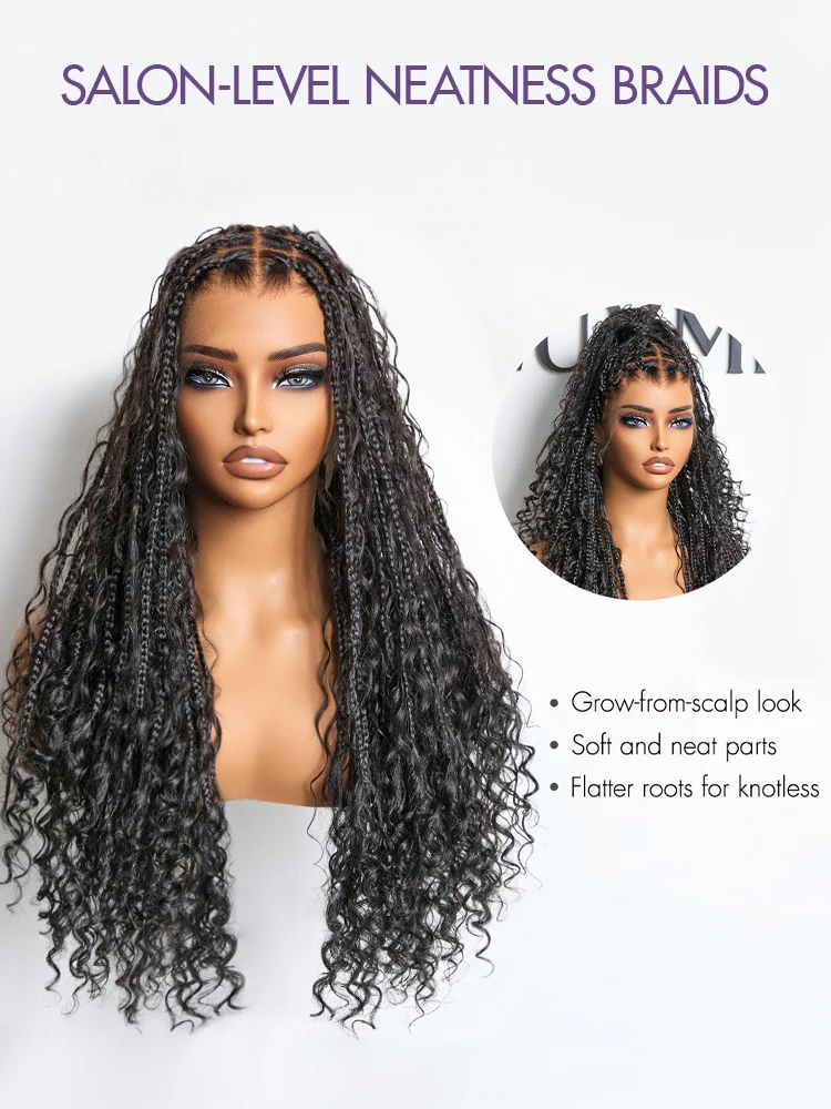OwnScalp™ Light Weight Flexi-Fit Invisi Drawstring Cap Full Lace Knotless Boho Curls Braided Long Wig Super Natural Scalp - Image 13