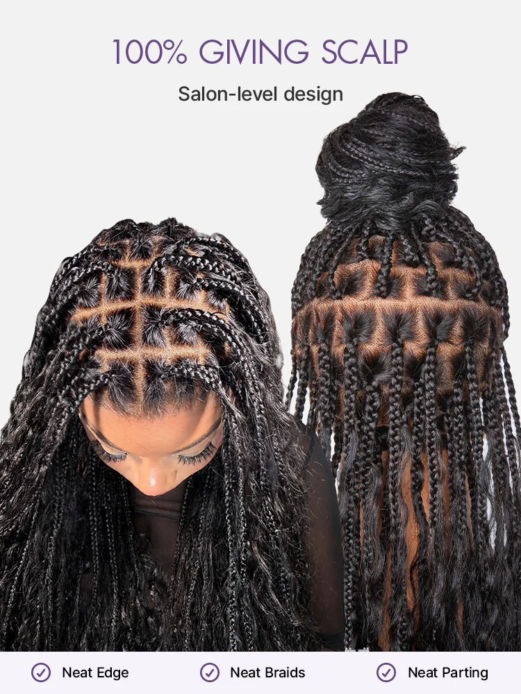 OwnScalp™ Light Weight Flexi-Fit Invisi Drawstring Cap Full Lace Knotless Boho Curls Braided Long Wig Super Natural Scalp - Image 4
