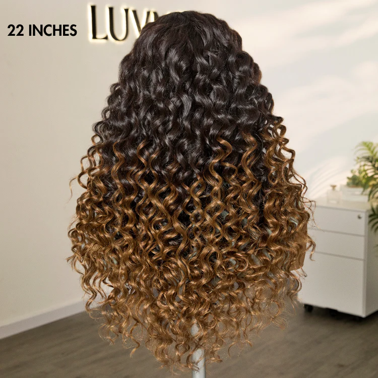 Fluffy Brown Ombre Highlights Water Wave Glueless 5x5 Closure HD Lace Long Curly Wig Breathable Cap - Image 3