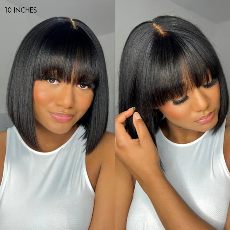 Exclusive Discount | Put On and Go Realistic Glueless Yaki Straight Bob With Bangs Minimalist Lace Wig 100% Human Hair - Image 2