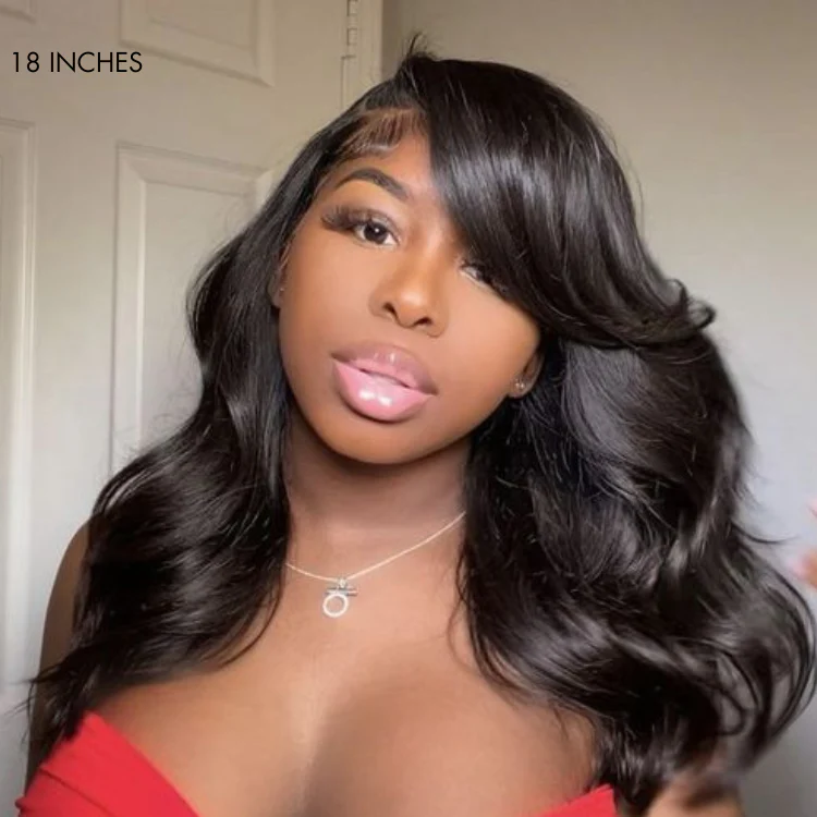 Graceful Natural Black Body Wave with Bangs 5x5 Closure Lace Glueless C Part Long Wig - US Only - Image 5