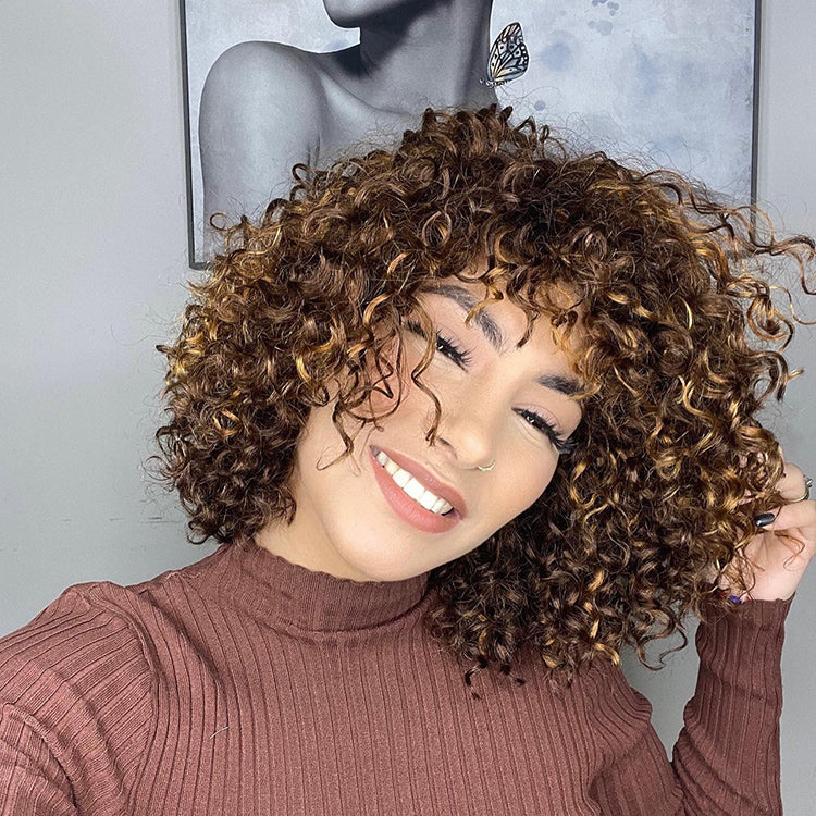 Throw On & Go Blonde Highlight Messy Curly No Lace Glueless Wig with Bangs - Image 3