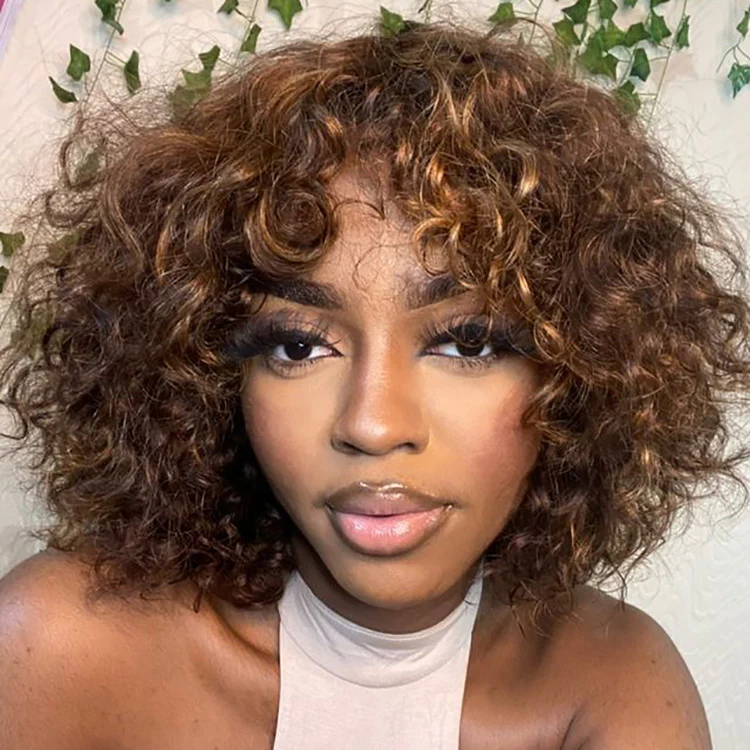 Throw On & Go Blonde Highlight Messy Curly No Lace Glueless Wig with Bangs - Image 5