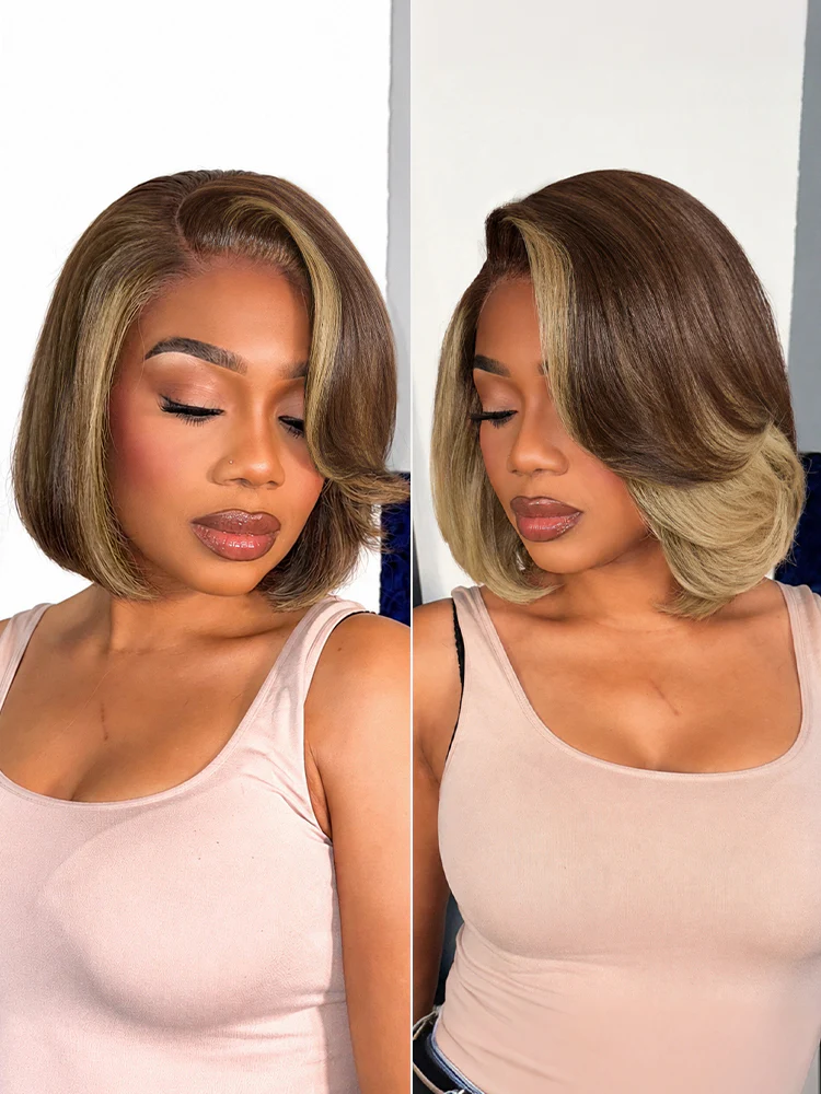 Honey Blonde Face-Framing Highlights Blow Out Layered Cut Glueless 5x5 Closure Lace Bob Wig Pre-cut Lace - Image 3