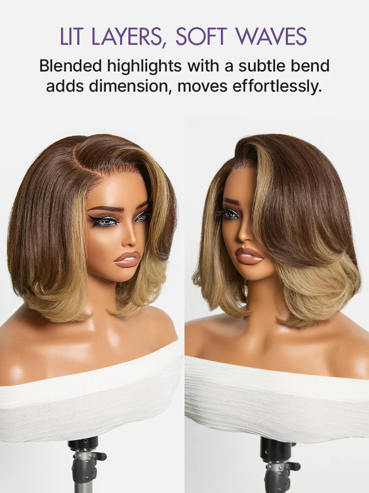 Honey Blonde Face-Framing Highlights Blow Out Layered Cut Glueless 5x5 Closure Lace Bob Wig Pre-cut Lace - Image 4